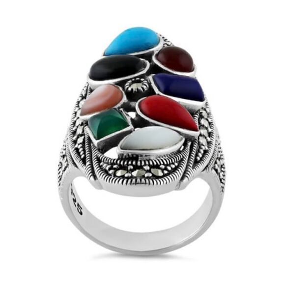 Rainbow Genuine Stone Oval Ring Womens Causal Sterling Silver Statement Jewelry - Picture 3 of 5